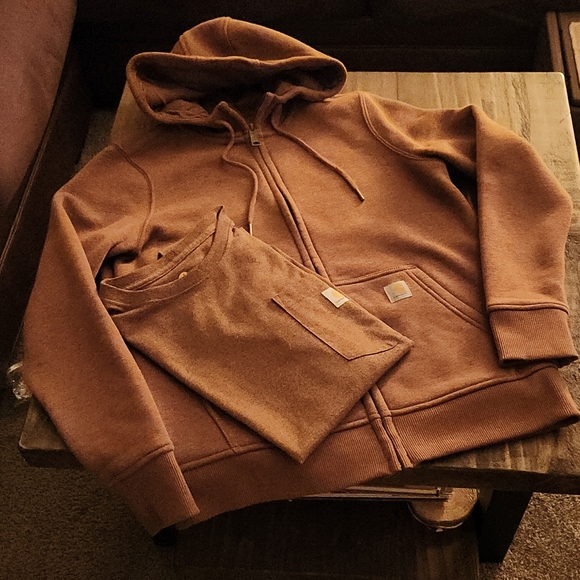 Carhartt Oiled Walnut Heather Full Zip Hoodie and Tee - Picture 1 of 11